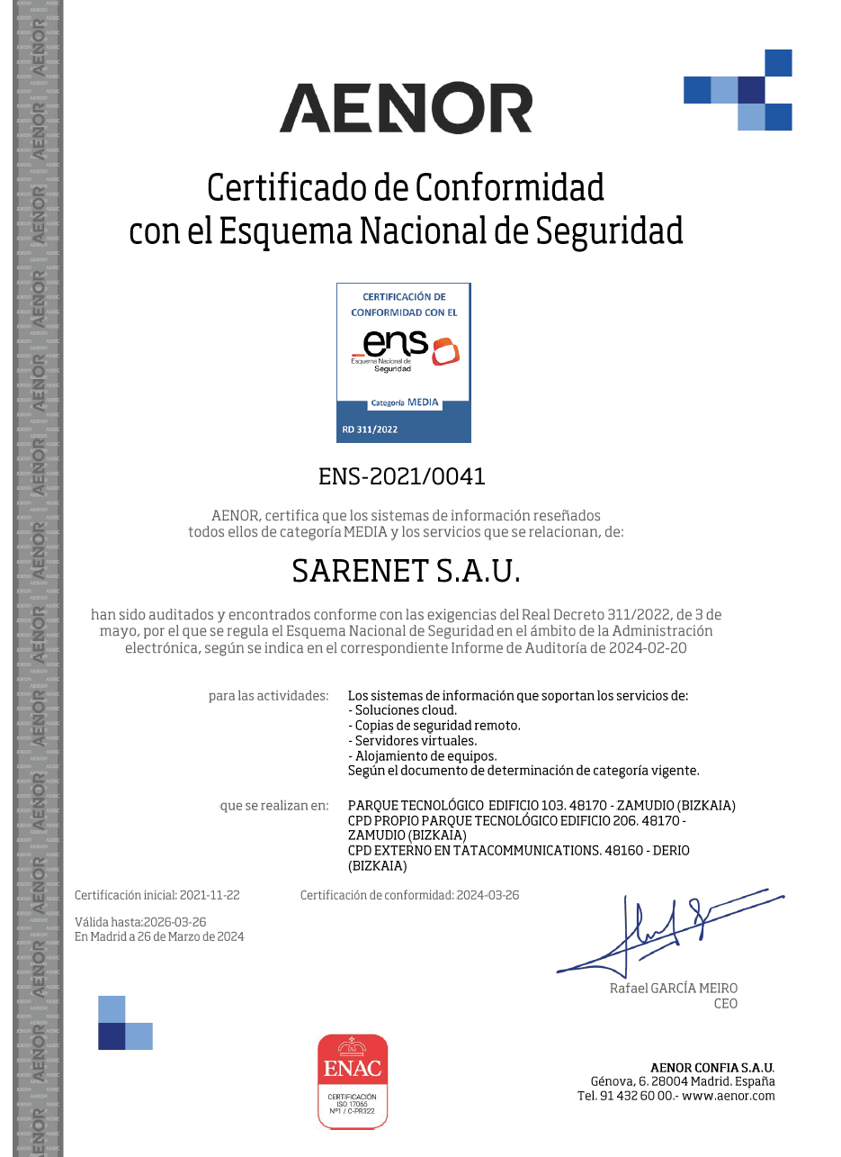 Certificado Aenor de conformidad con el Esquema Nacional de Seguridad