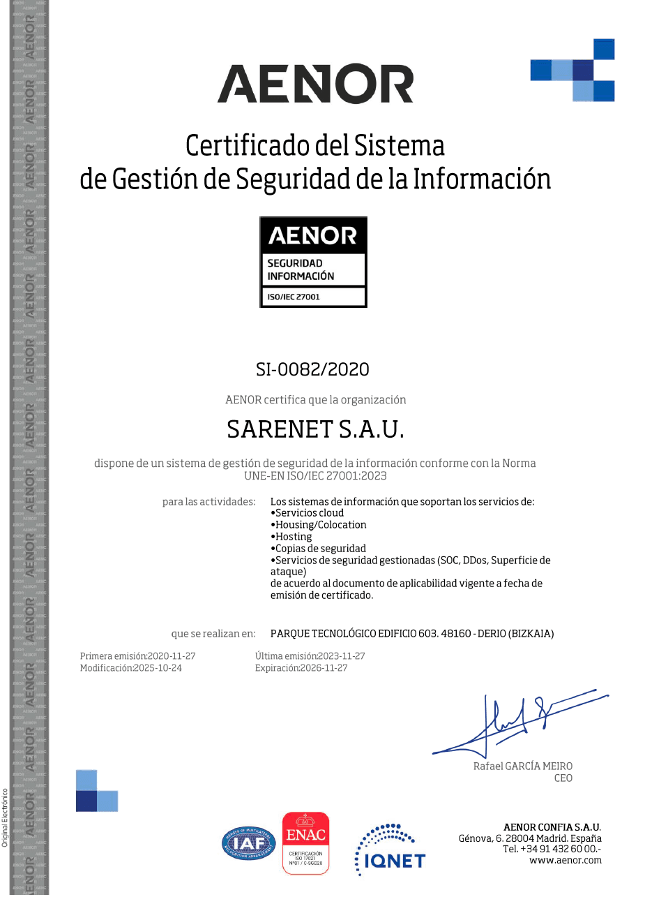 Certificado Aenor Sistema de Gestión de Seguridad de la Información
